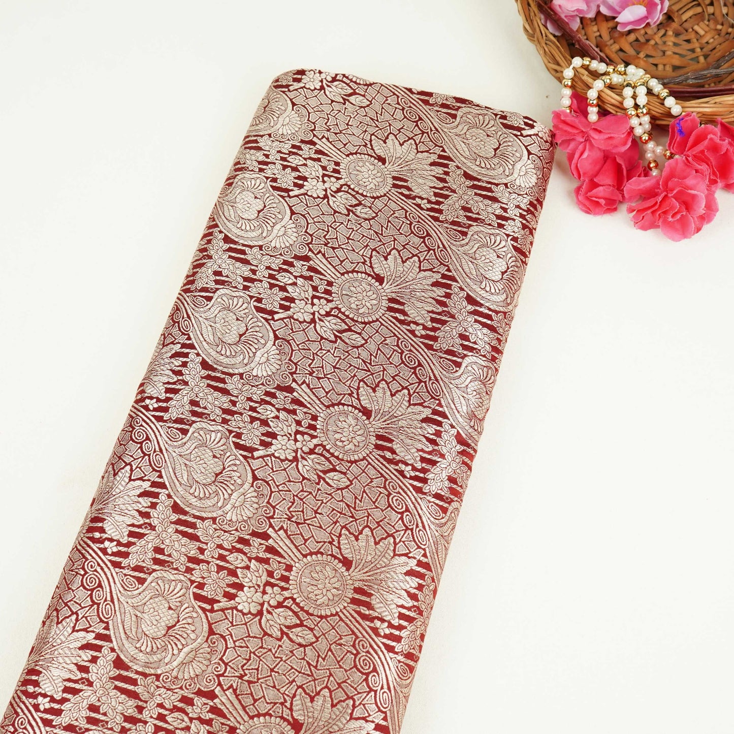 Maroon Jaal Raw Mango Silk Fabric CW-32502
