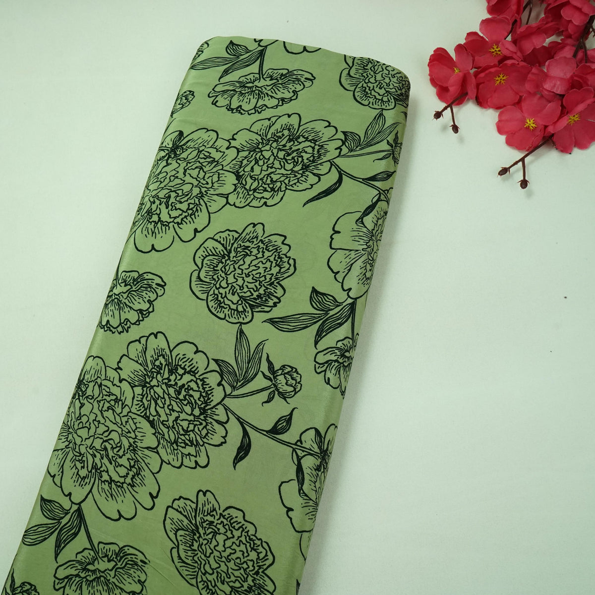 Light Green Floral Print Natural Crepe Fabric SC-34699