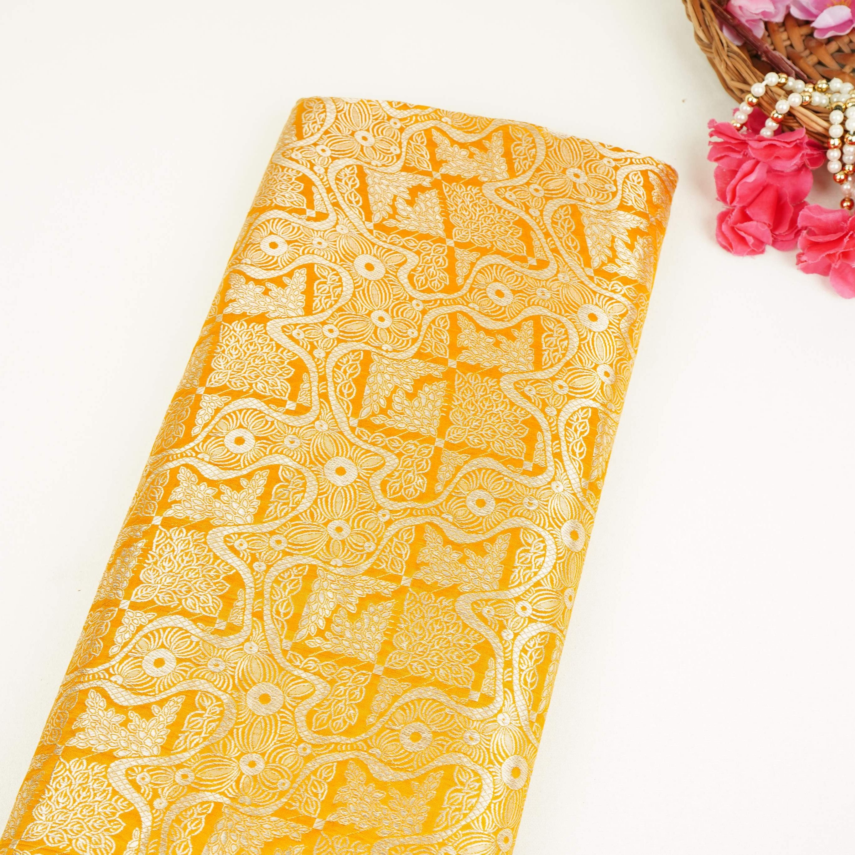 Mustard Jaal Raw Mango Silk Fabric CW-32496