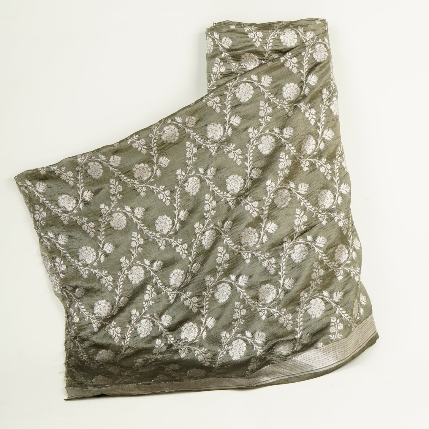 Sage Green Floral Jaal Raw Mango Silk Fabric CW-32510