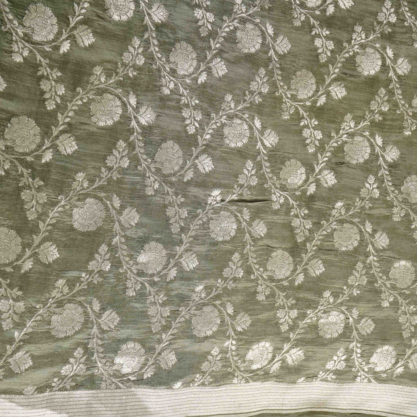 Sage Green Floral Jaal Raw Mango Silk Fabric CW-32510