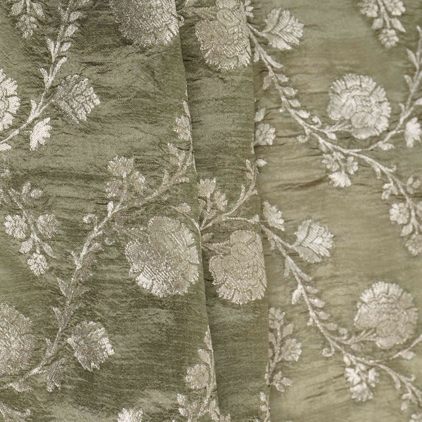 Sage Green Floral Jaal Raw Mango Silk Fabric CW-32510