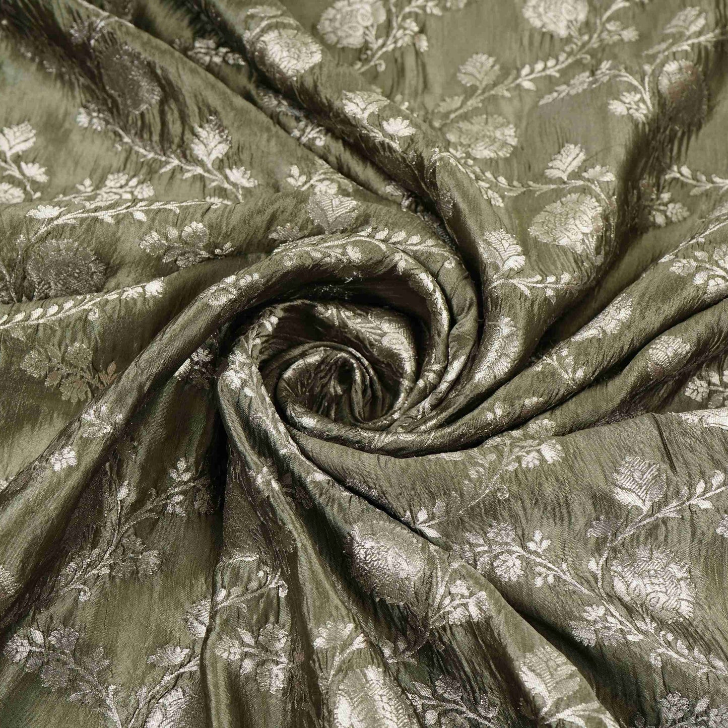 Sage Green Floral Jaal Raw Mango Silk Fabric CW-32510