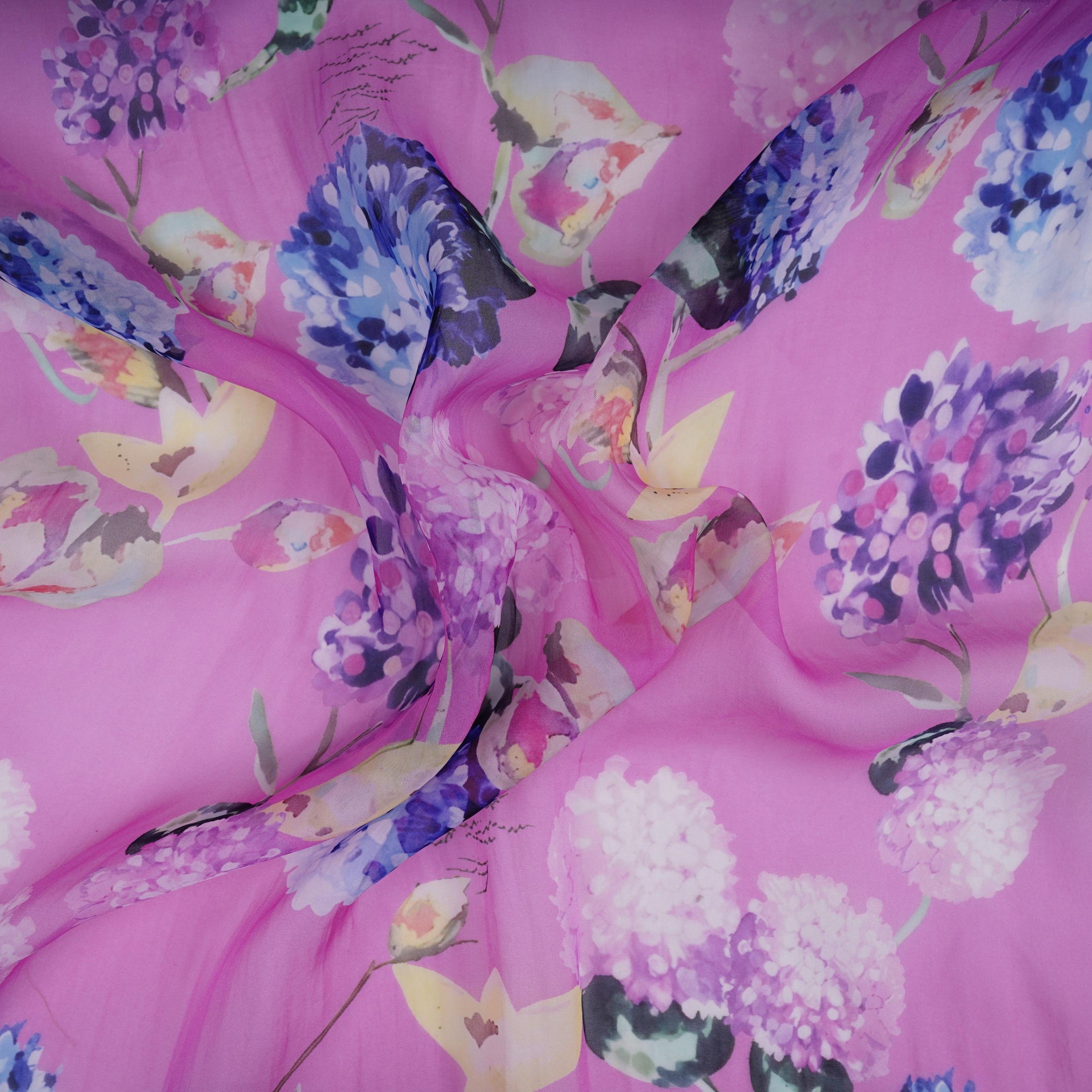 Pink Blue Floral Print Organza Fabric VF-30898 - TradeUNO
