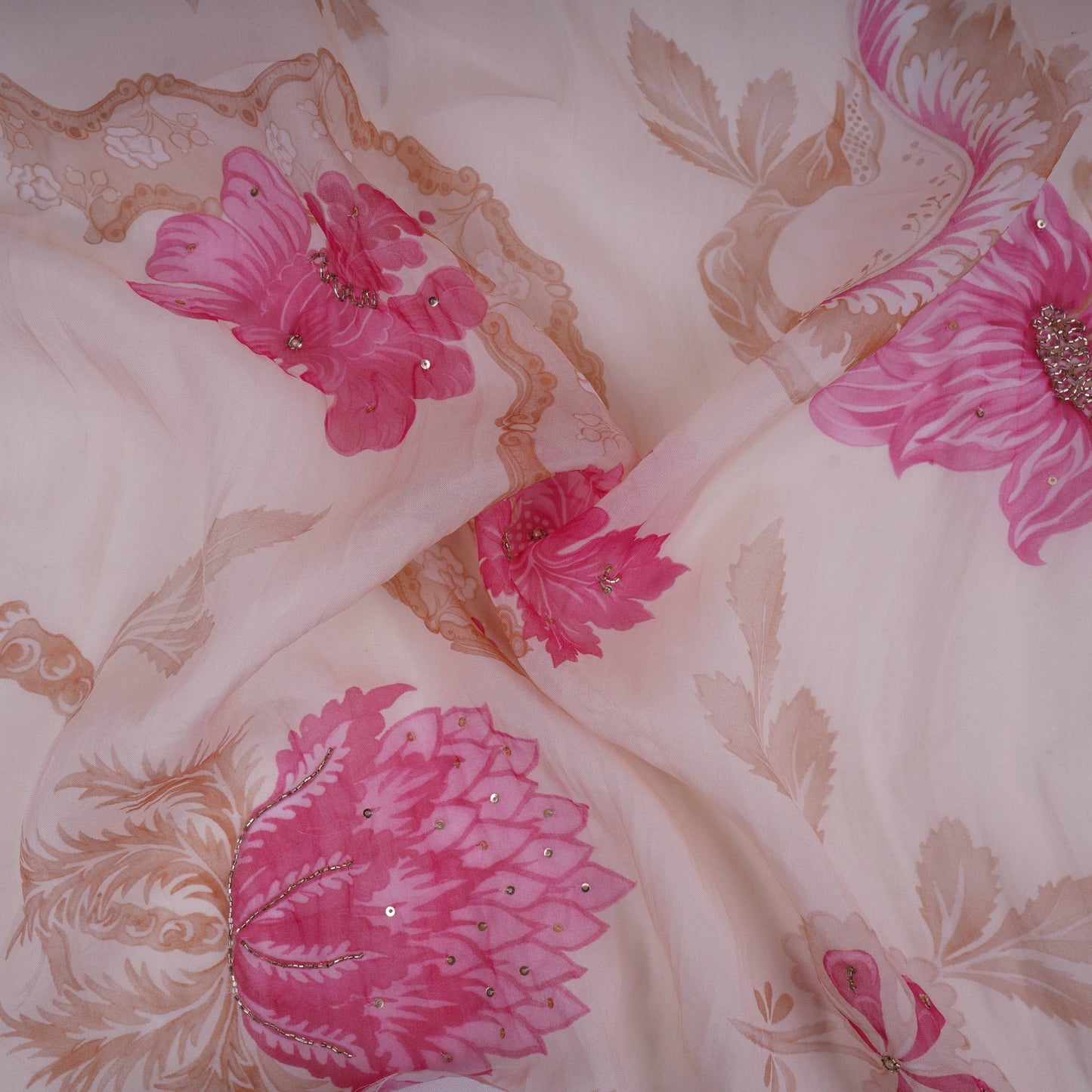 Cream Floral Cutdana Embroidery Organza Fabric VF-30626