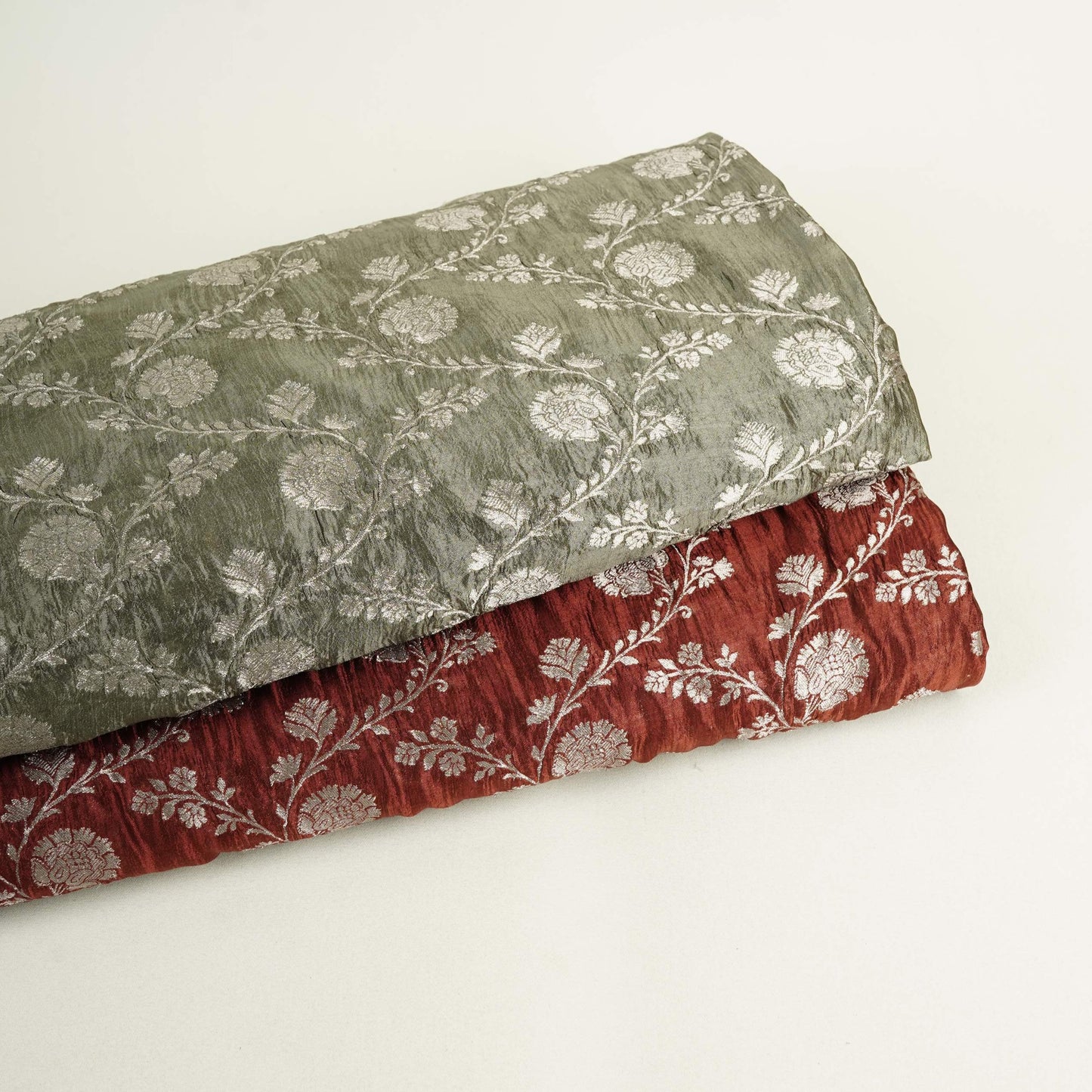 Sage Green Floral Jaal Raw Mango Silk Fabric CW-32510
