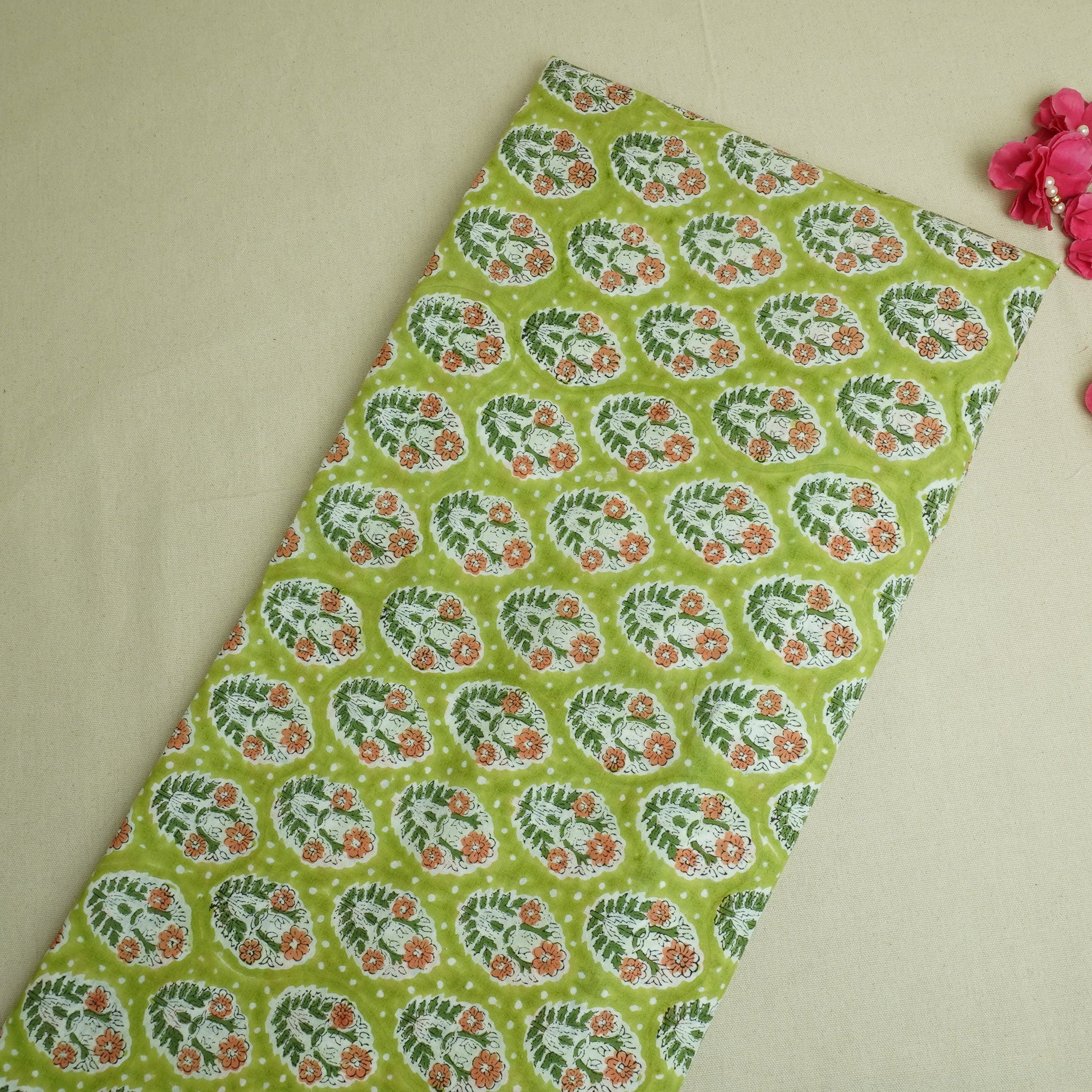 Green Handblock Print Cotton Fabric DH-29440 - TradeUNO