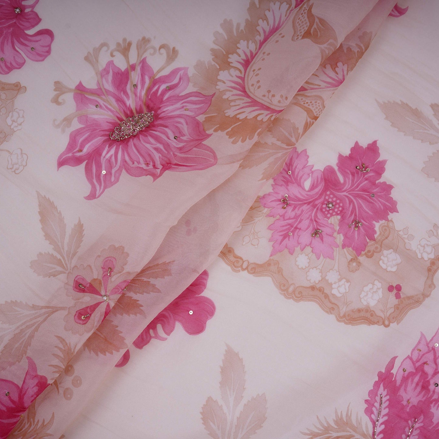 Cream Floral Cutdana Embroidery Organza Fabric VF-30626