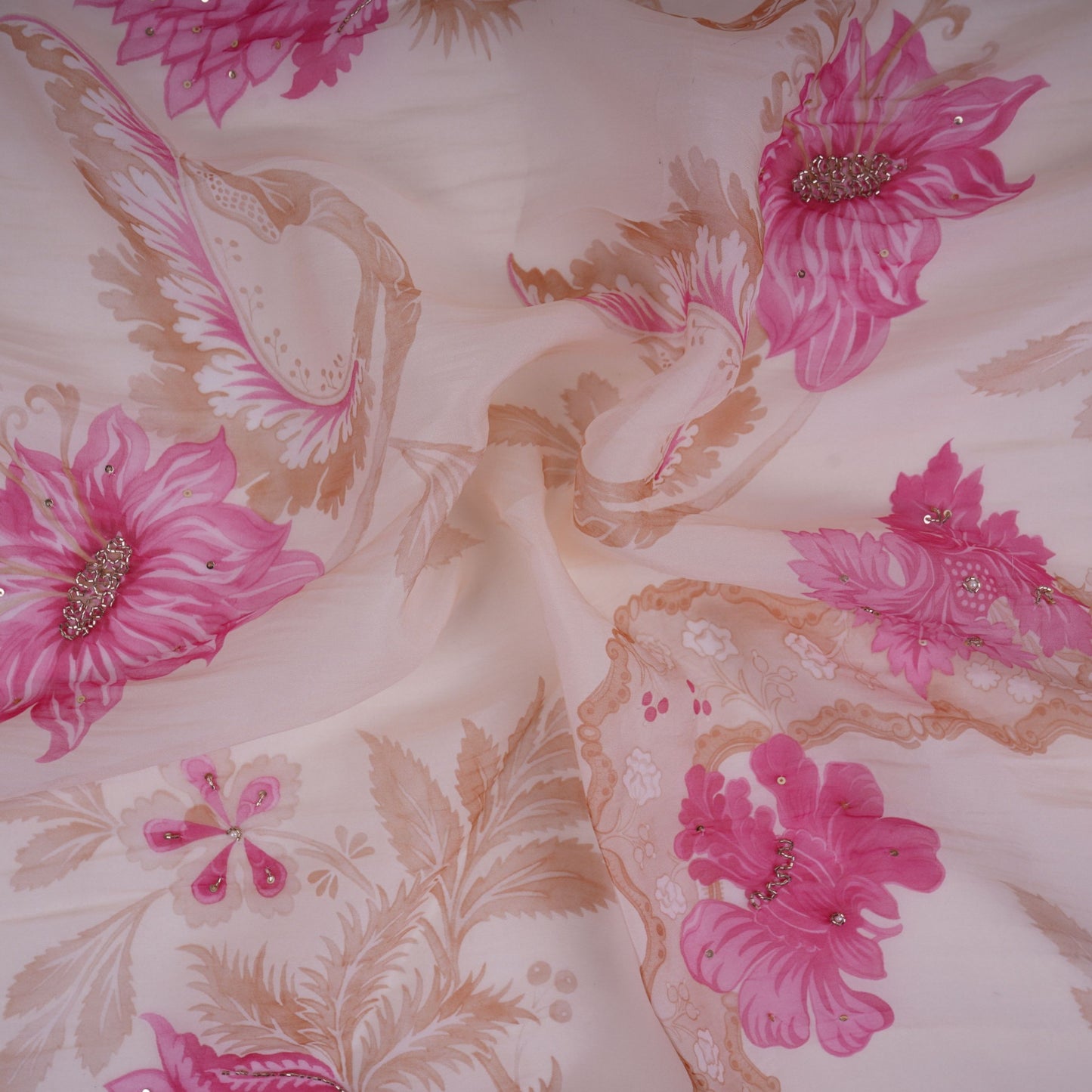 Cream Floral Cutdana Embroidery Organza Fabric VF-30626