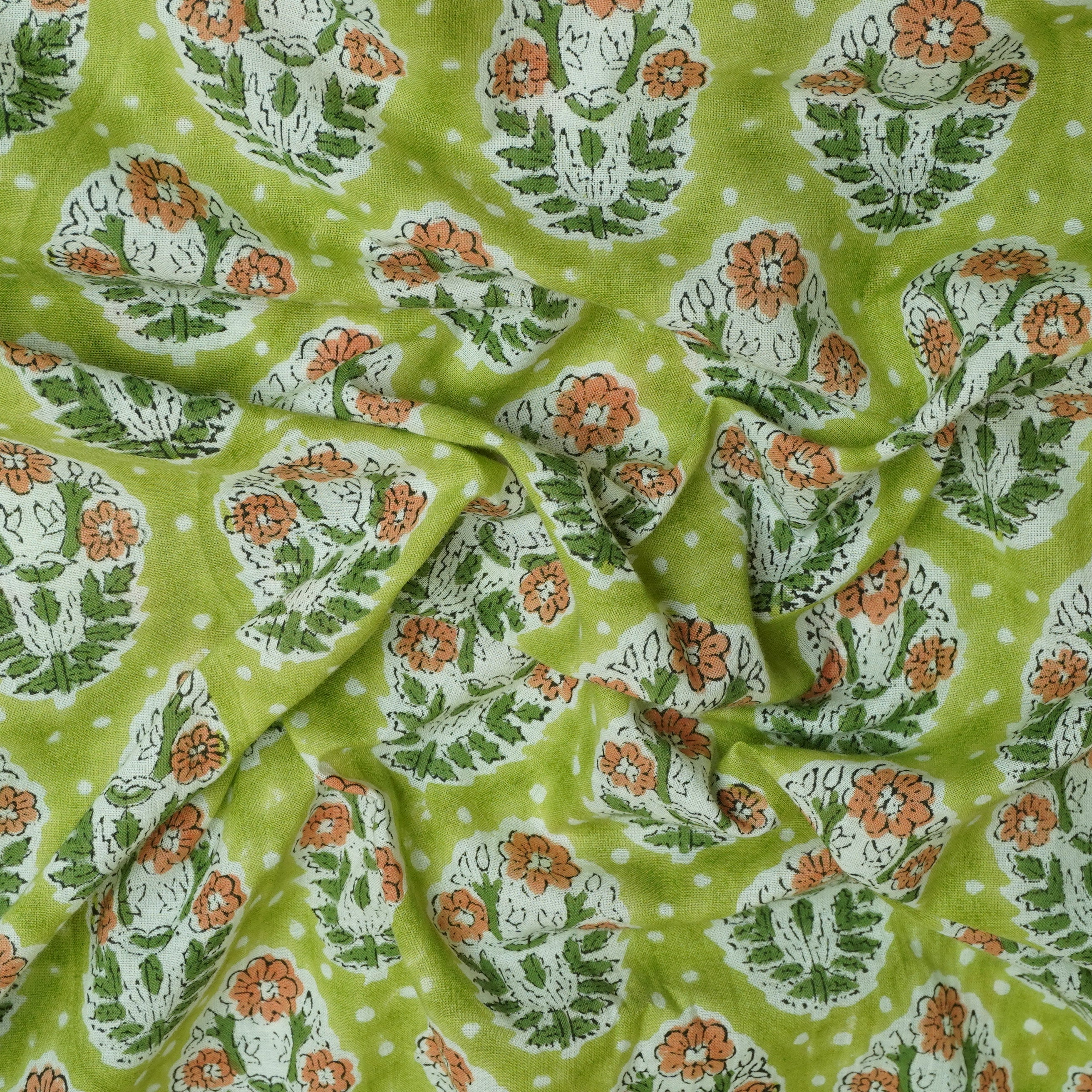 Green Handblock Print Cotton Fabric DH-29440 - TradeUNO