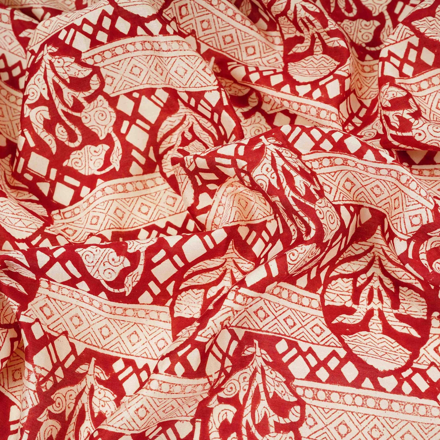 Maroon With White Ajrakh Print Chanderi Fabric CW-32504