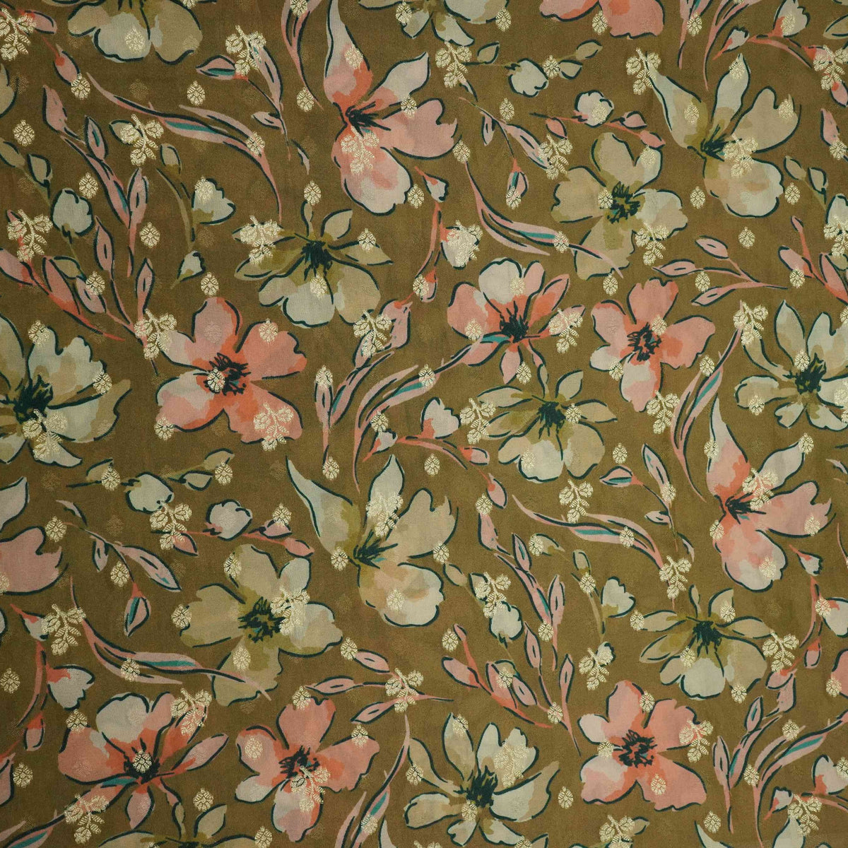 Beige Floral Jacquard Print Tissue Fabric VF-34965