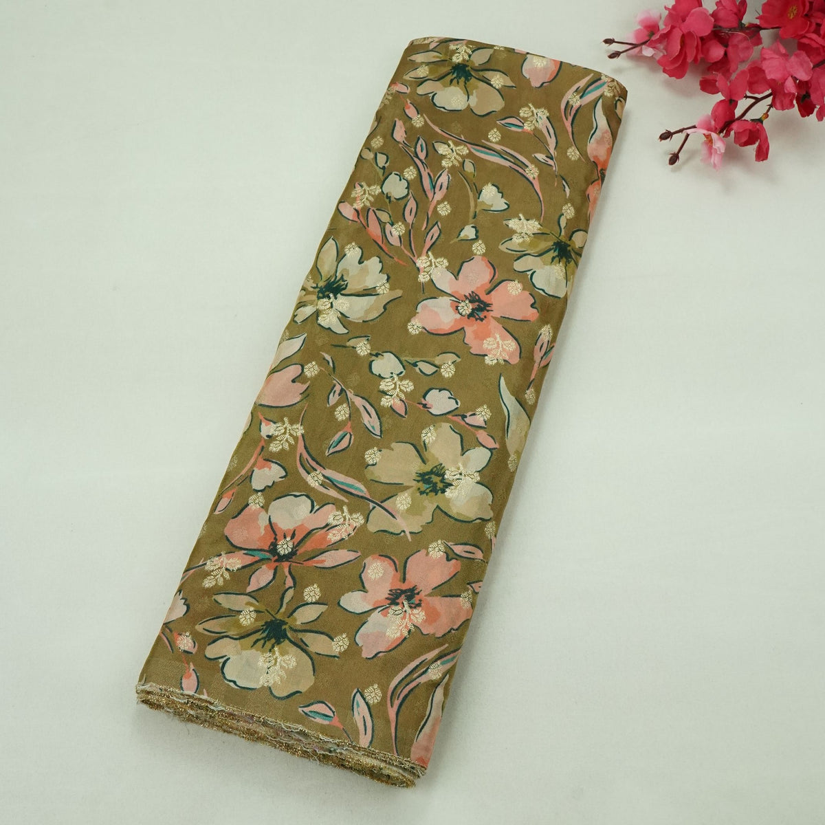 Beige Floral Jacquard Print Tissue Fabric VF-34965