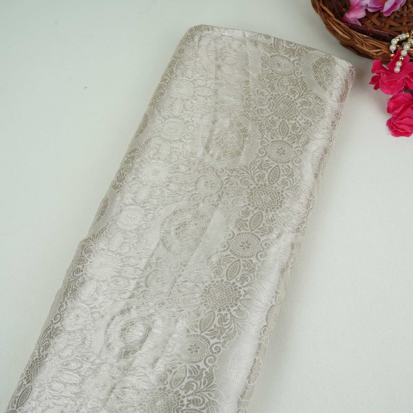 Off White With Silver Zari Jaal Dyeable Katan Brocade Fabric CW-32494