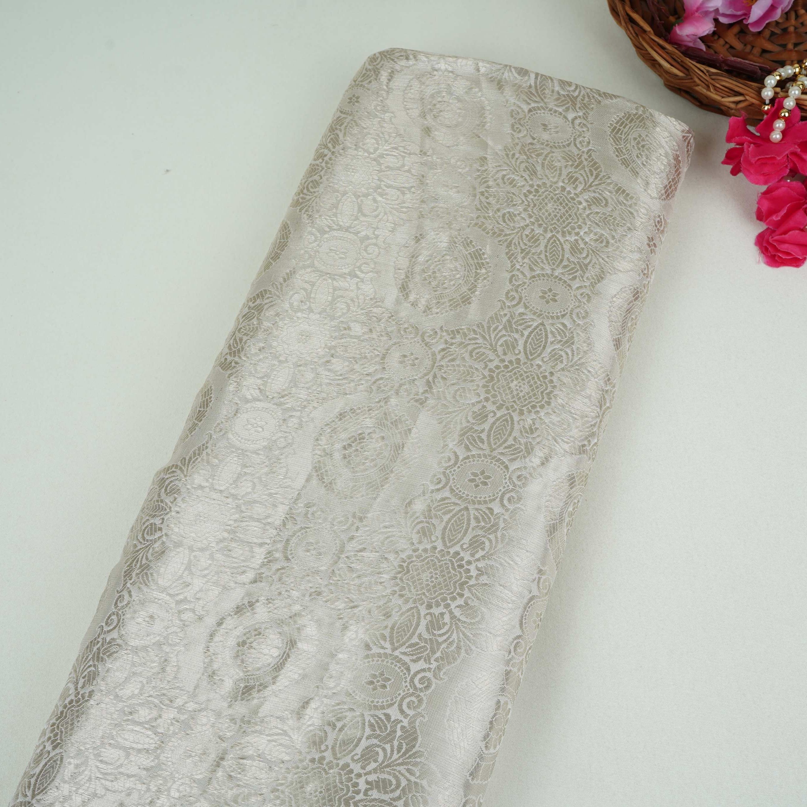 Off White With Silver Zari Jaal Dyeable Katan Brocade Fabric CW-32494