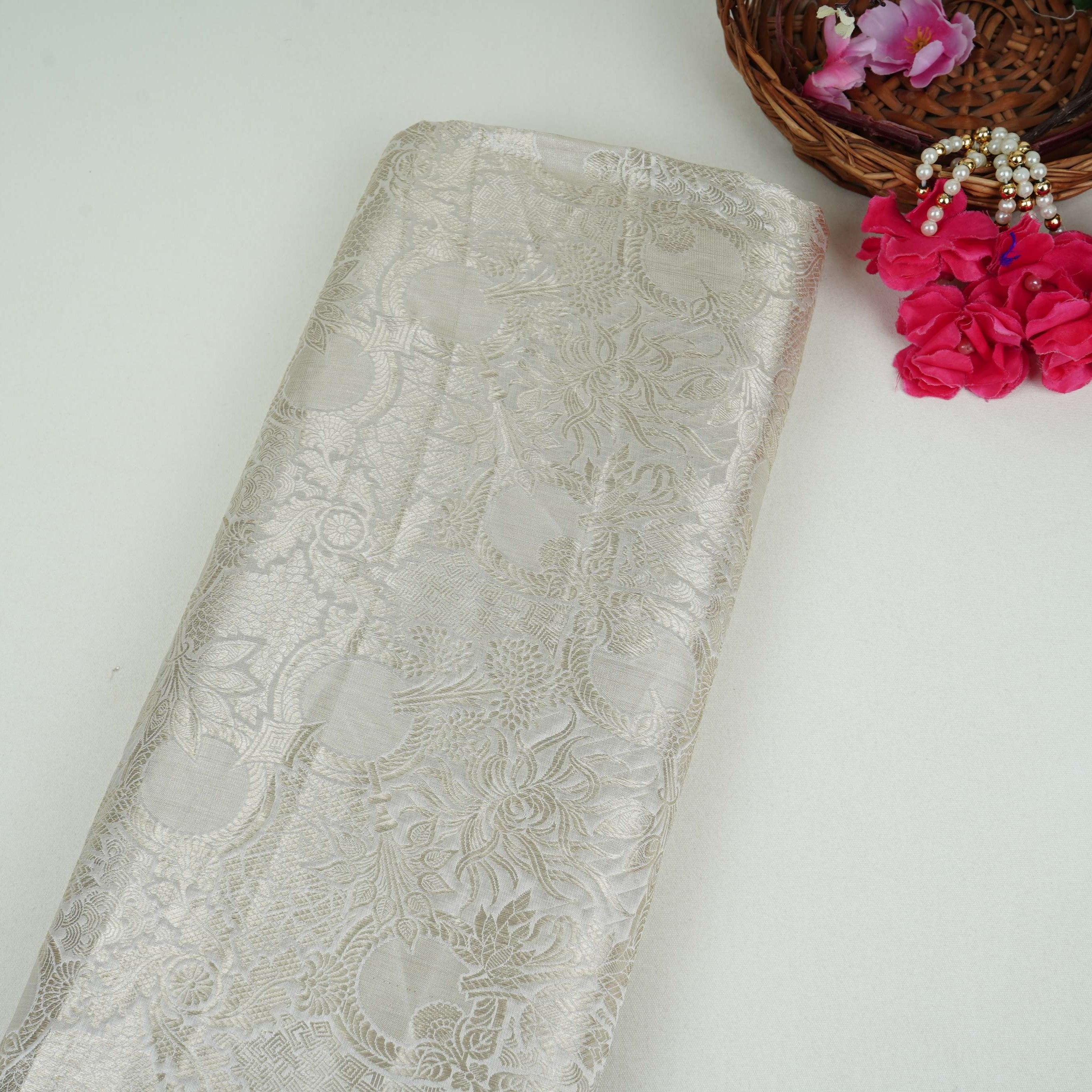 Off White With Silver Zari Jaal Dyeable Katan Brocade Fabric CW-32492