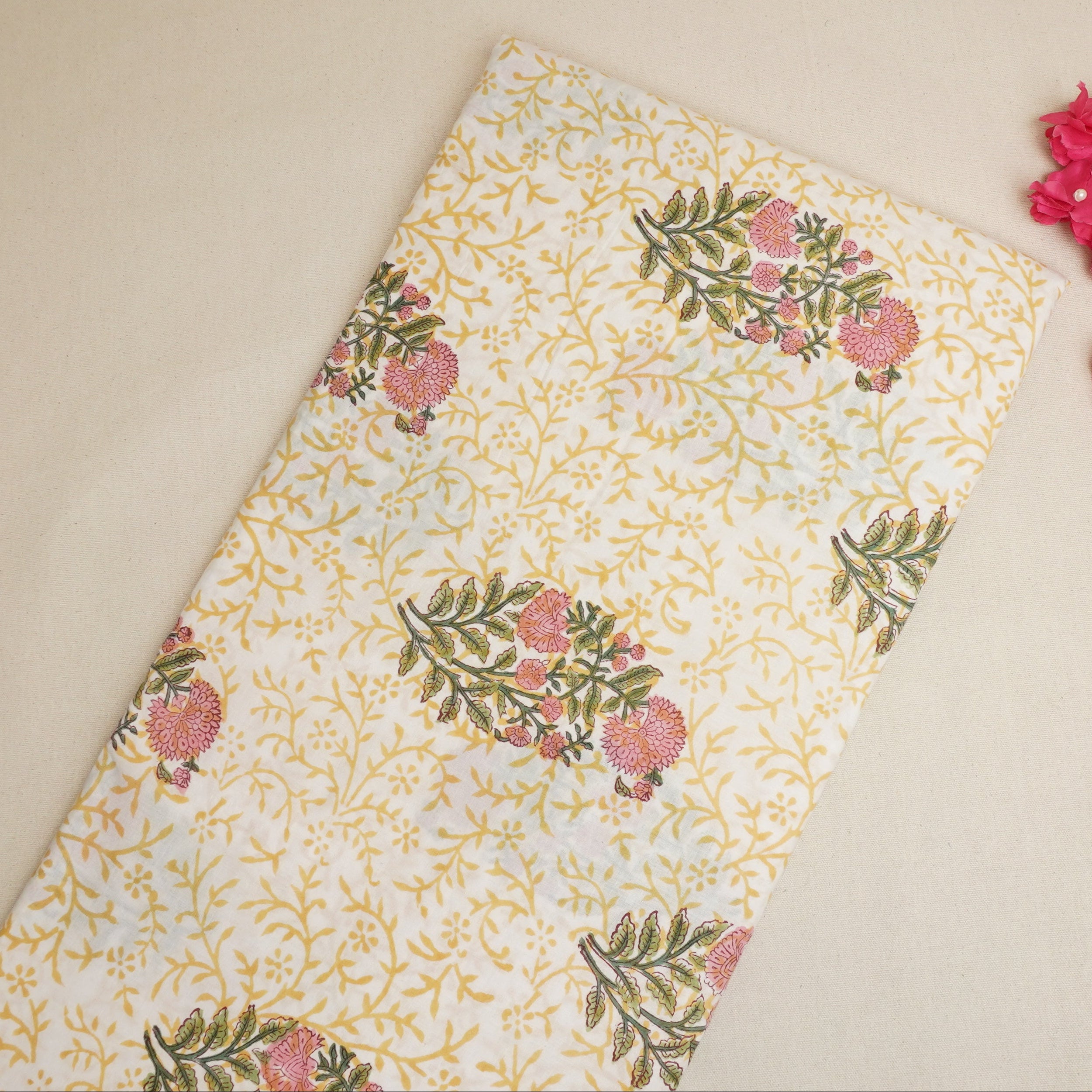 Mustard Handblock Print Cotton Fabric DH-29434 - TradeUNO