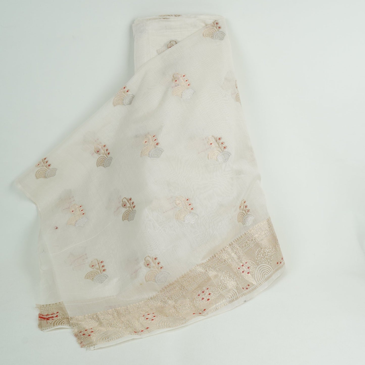 White Dyeable Zari Border Work Chanderi Fabric CW-32508