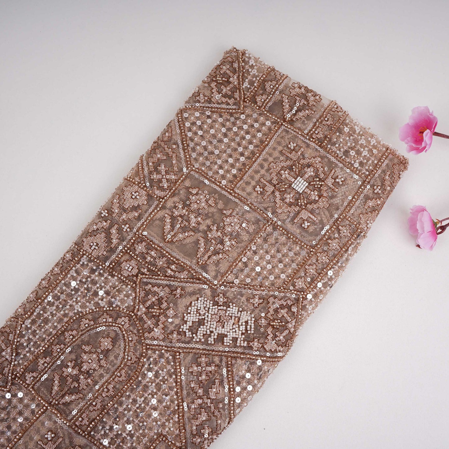 Beige Gold thread embroidery Net Fabric SGS-31174 - TradeUNO