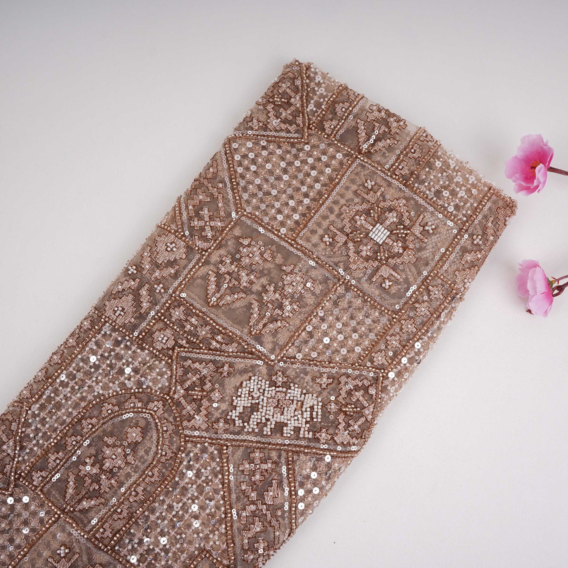 Beige Gold thread embroidery Net Fabric SGS-31174 - TradeUNO