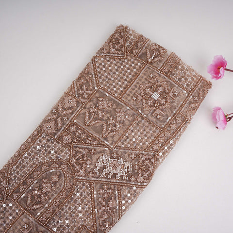 Beige Gold thread embroidery Net Fabric SGS-31174