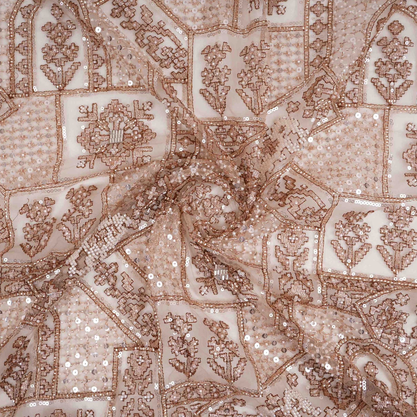 Beige Gold thread embroidery Net Fabric SGS-31174 - TradeUNO