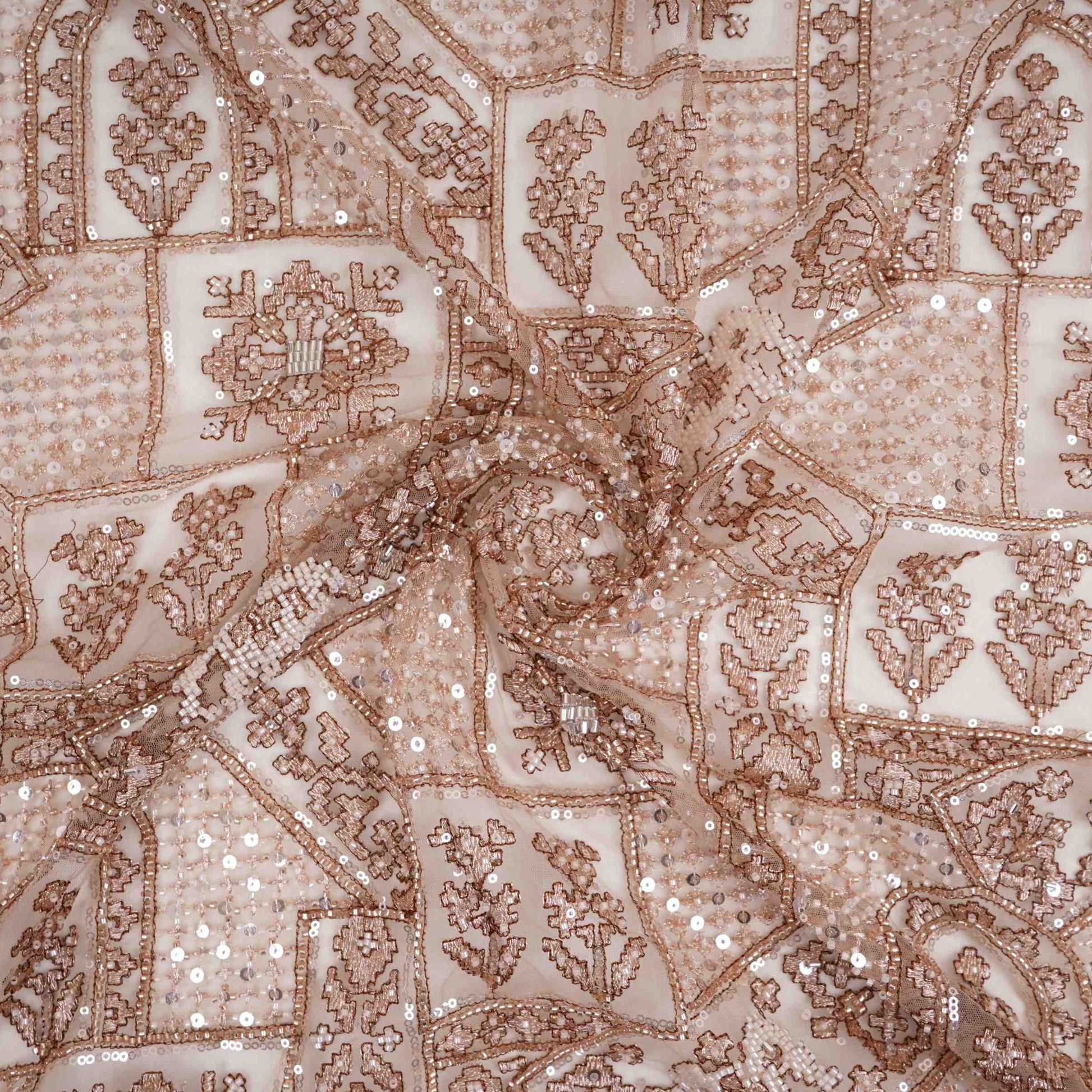 Beige Gold thread embroidery Net Fabric SGS-31174 - TradeUNO