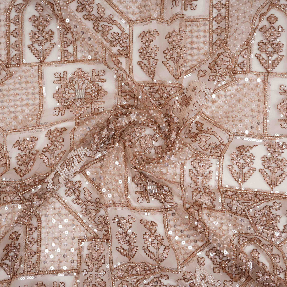Beige Gold thread embroidery Net Fabric SGS-31174 - TradeUNO