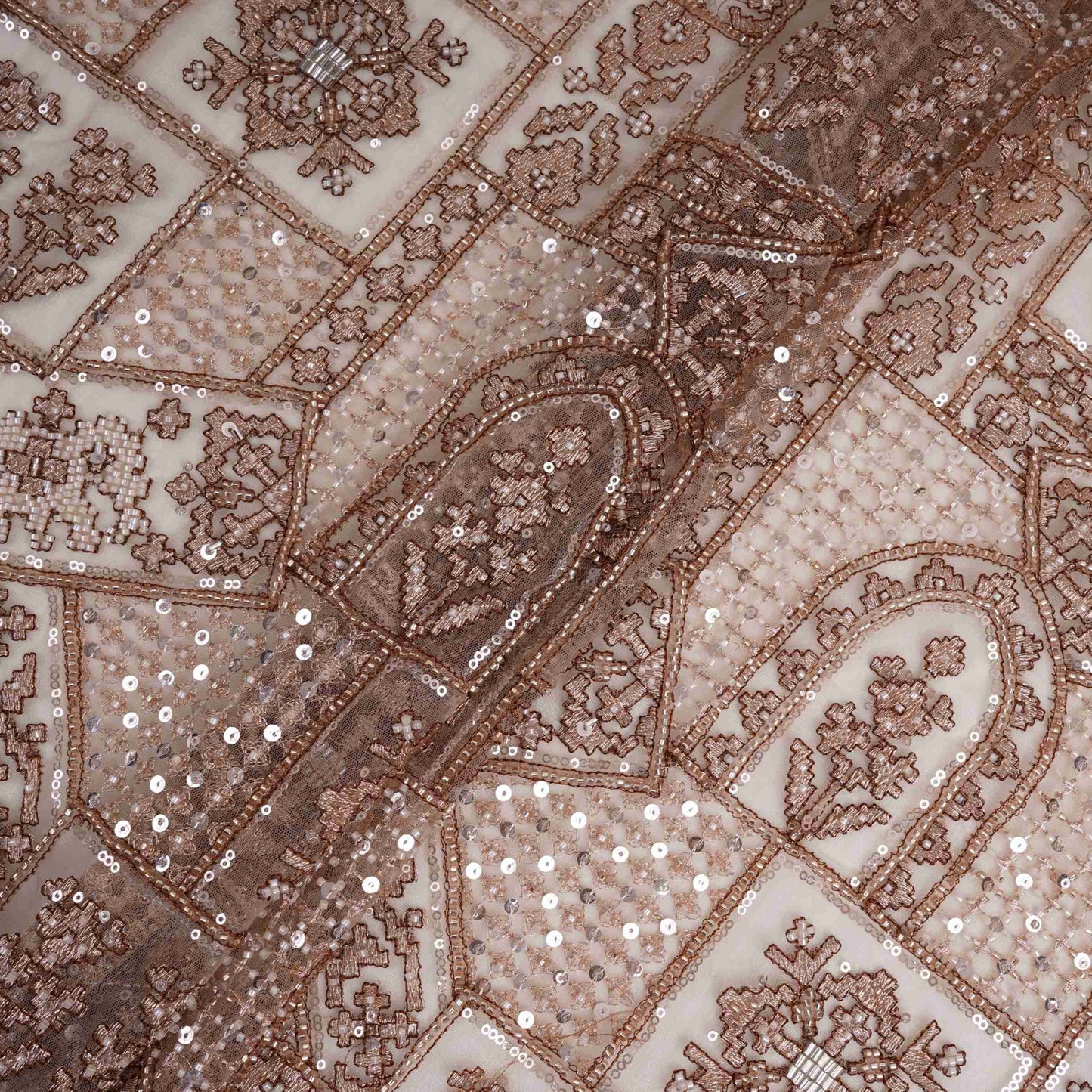 Beige Gold thread embroidery Net Fabric SGS-31174 - TradeUNO