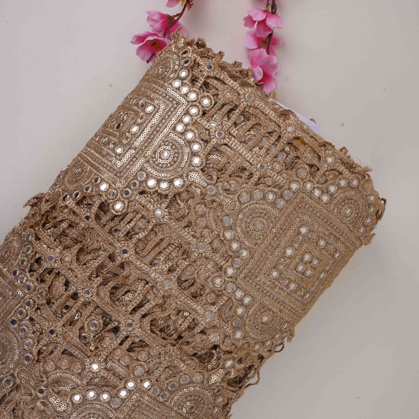 Golden cutwork sequins cutdana Net Fabric AC-31124 - TradeUNO
