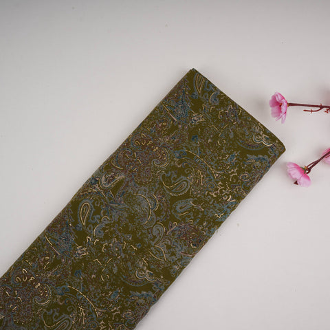 Olive Green Foil floral print Eri Cotton Fabric MTFG-31075
