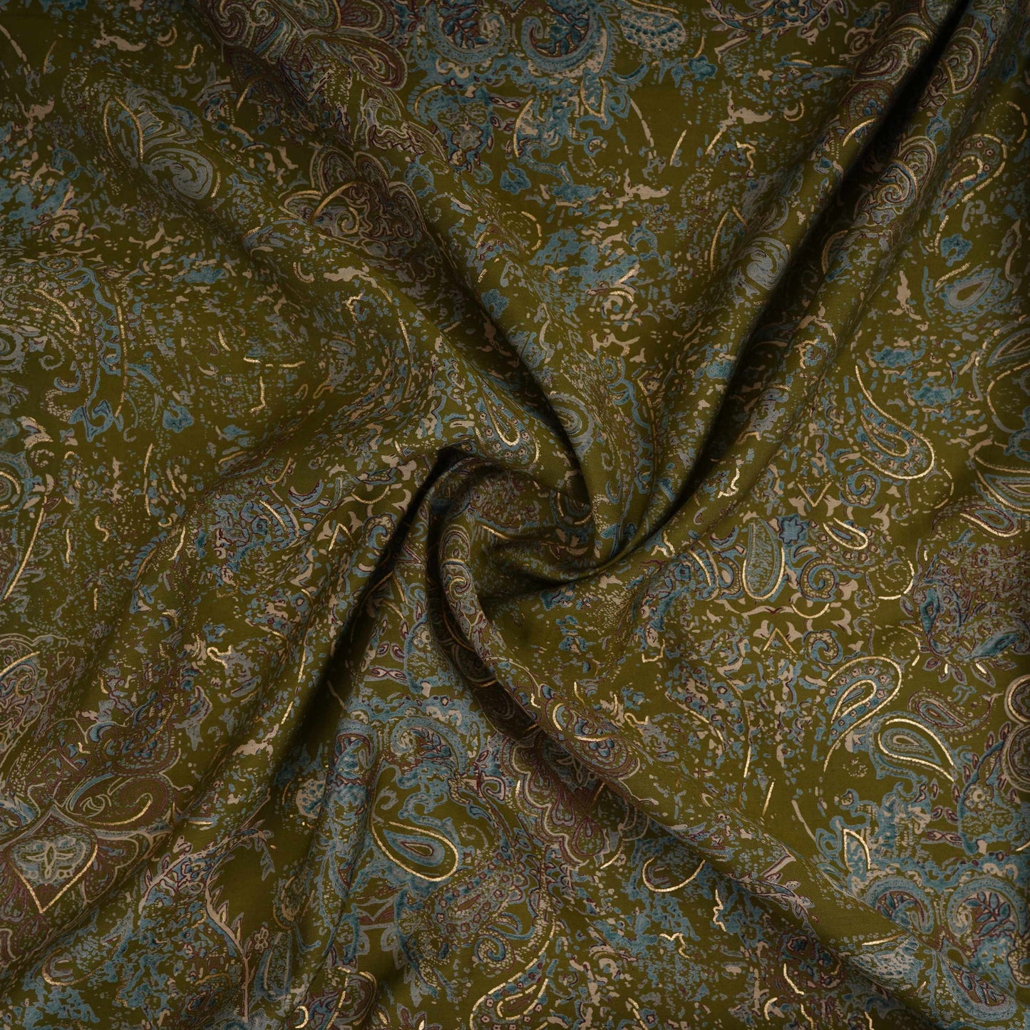 Olive Green Foil floral print Eri Cotton Fabric MTFG-31075 - TradeUNO