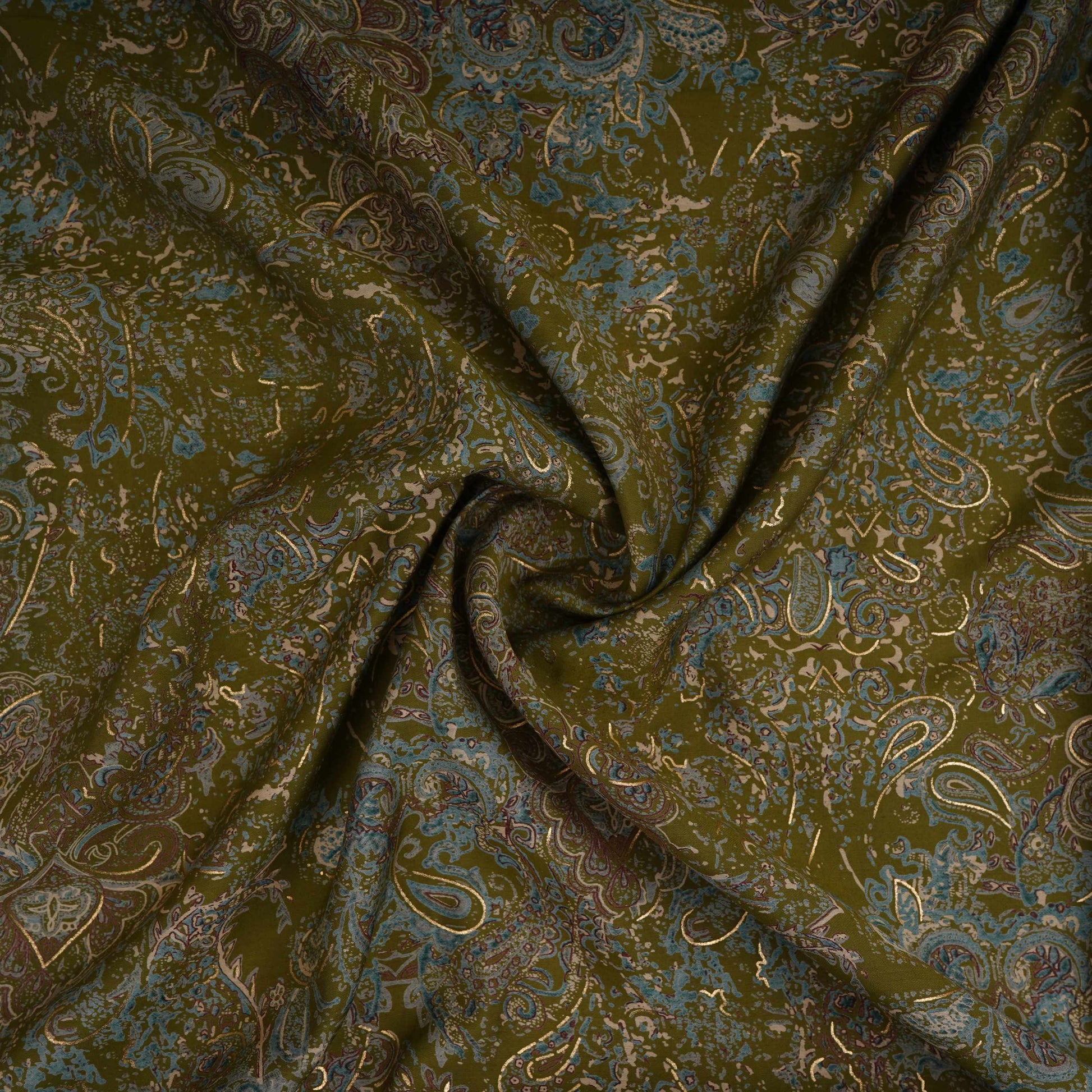 Olive Green Foil floral print Eri Cotton Fabric MTFG-31075 - TradeUNO