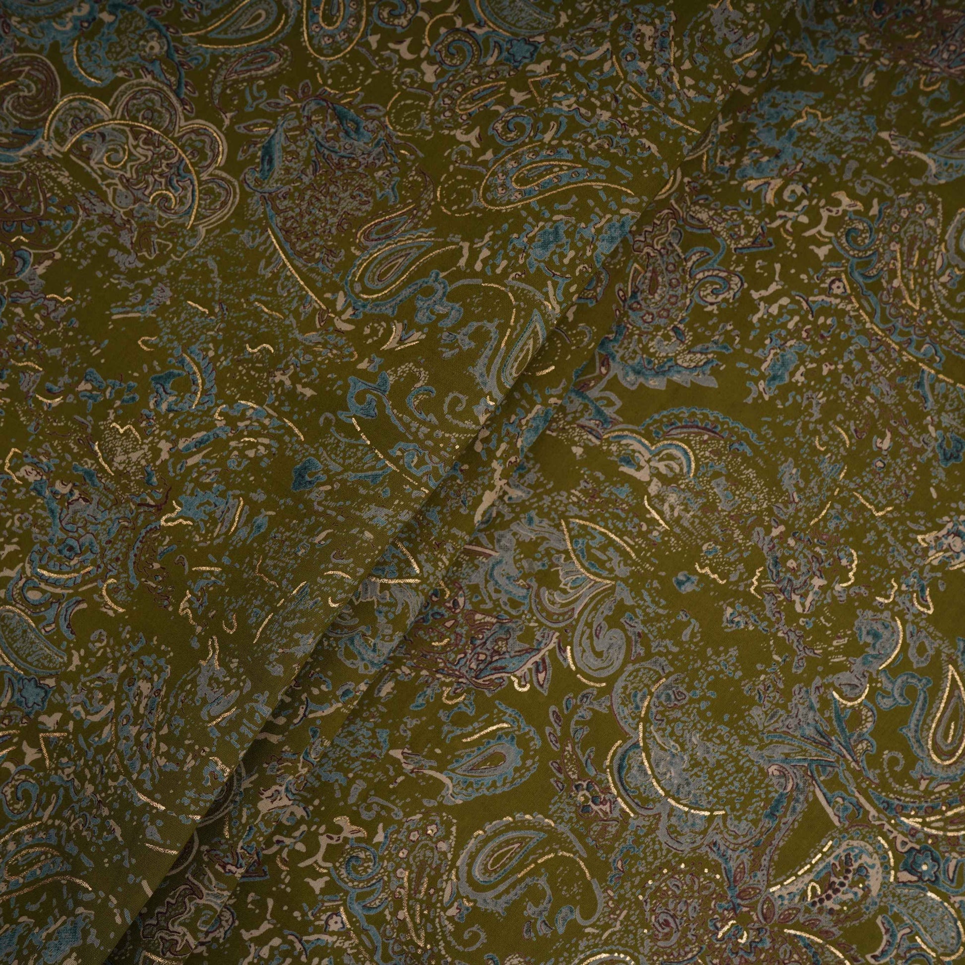 Olive Green Foil floral print Eri Cotton Fabric MTFG-31075 - TradeUNO
