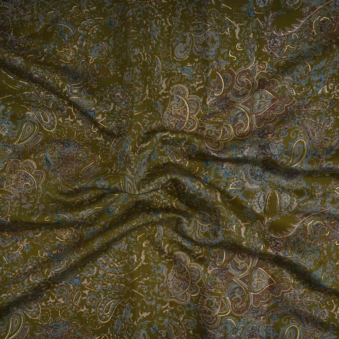 Olive Green Foil floral print Eri Cotton Fabric MTFG-31075 - TradeUNO