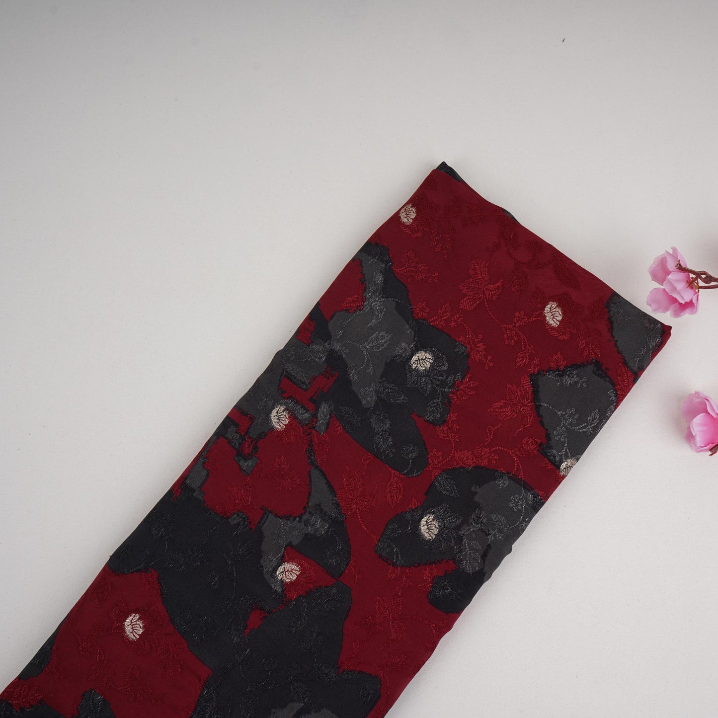 Maroon floral Jari Jacquard Pure Bemberg Crepe Fabric MTFG-31098