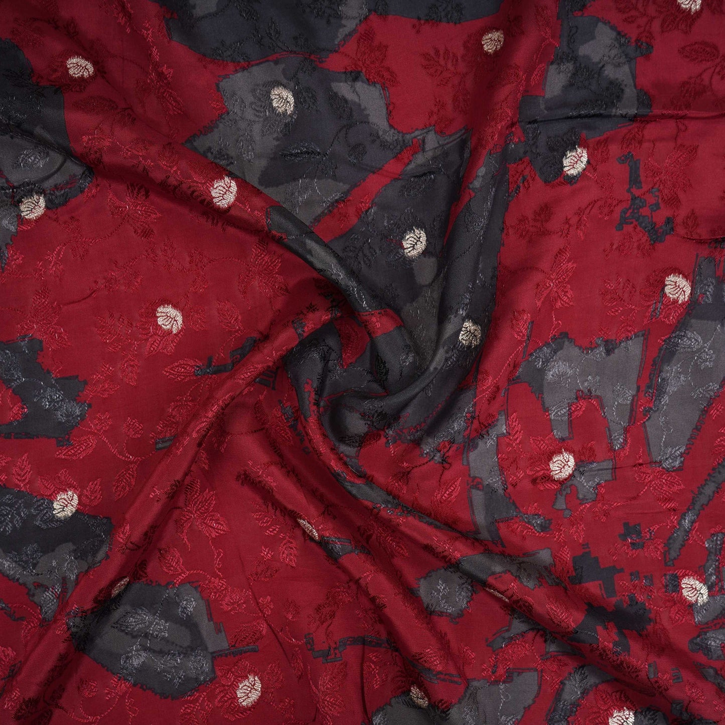 Maroon floral Jari Jacquard Pure Bemberg Crepe Fabric MTFG-31098