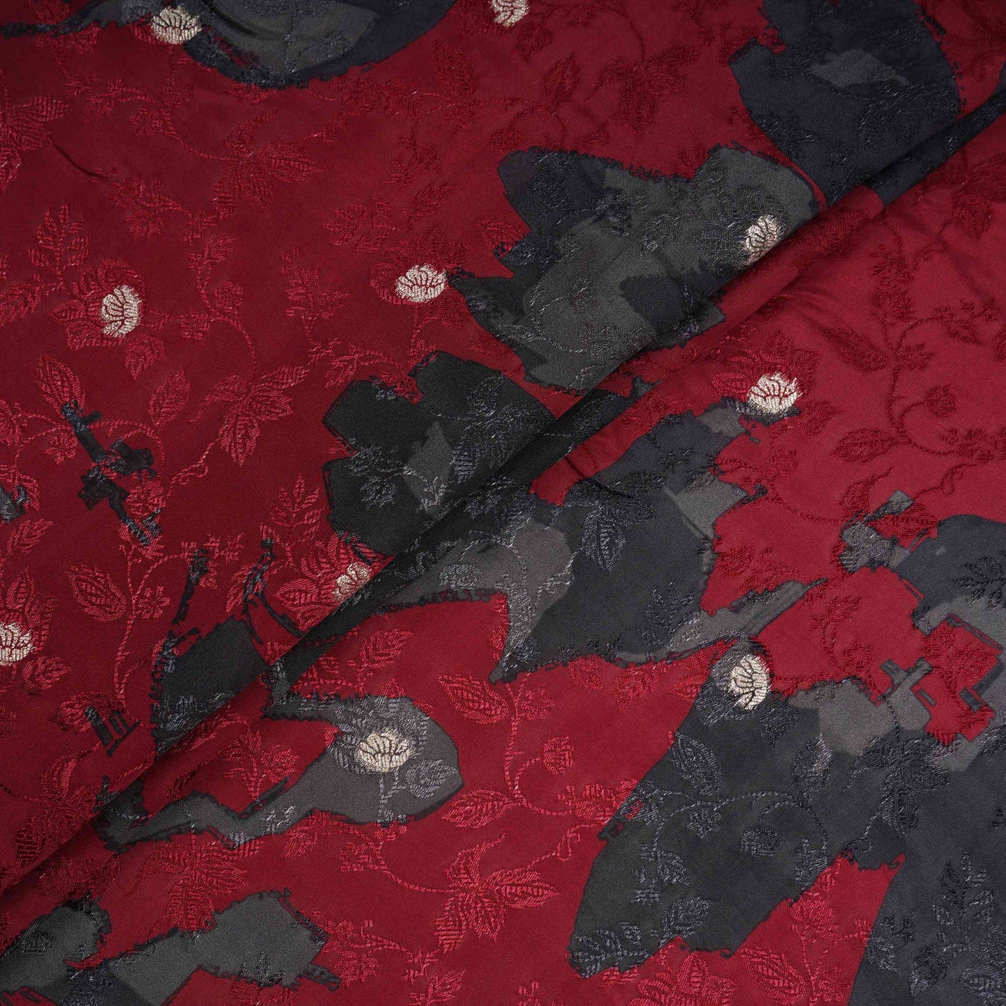Maroon floral Jari Jacquard Pure Bemberg Crepe Fabric MTFG-31098