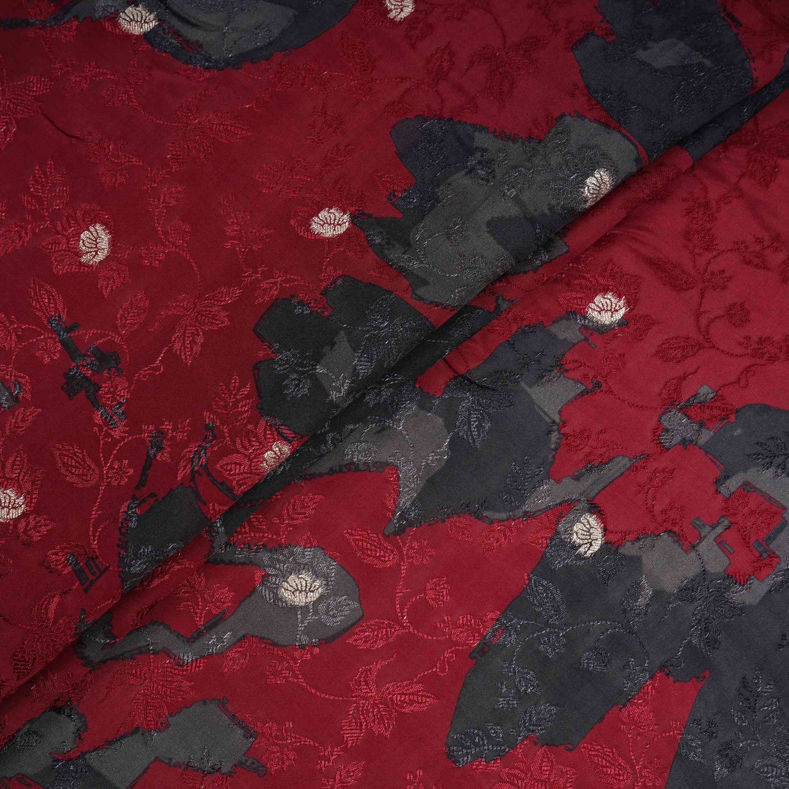 Maroon floral Jari Jacquard Pure Bemberg Crepe Fabric MTFG-31098 - TradeUNO