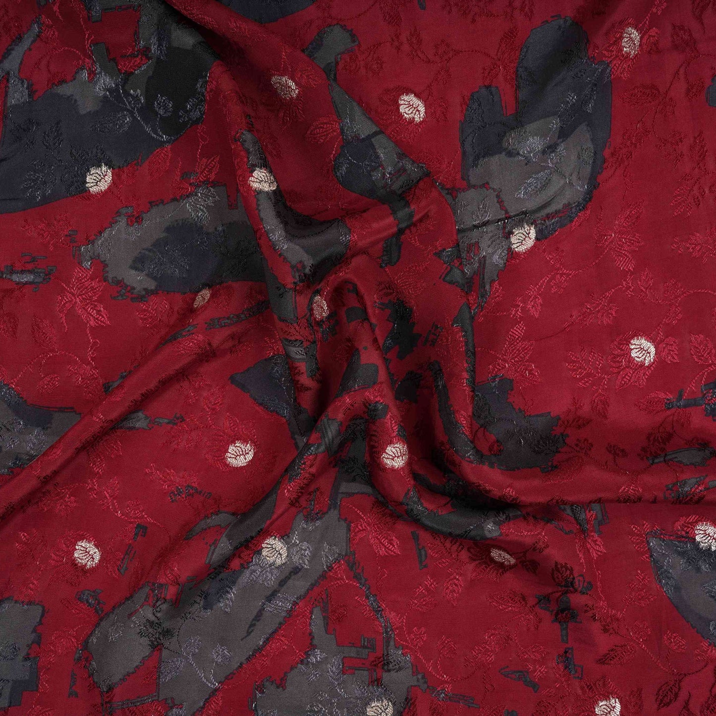 Maroon floral Jari Jacquard Pure Bemberg Crepe Fabric MTFG-31098