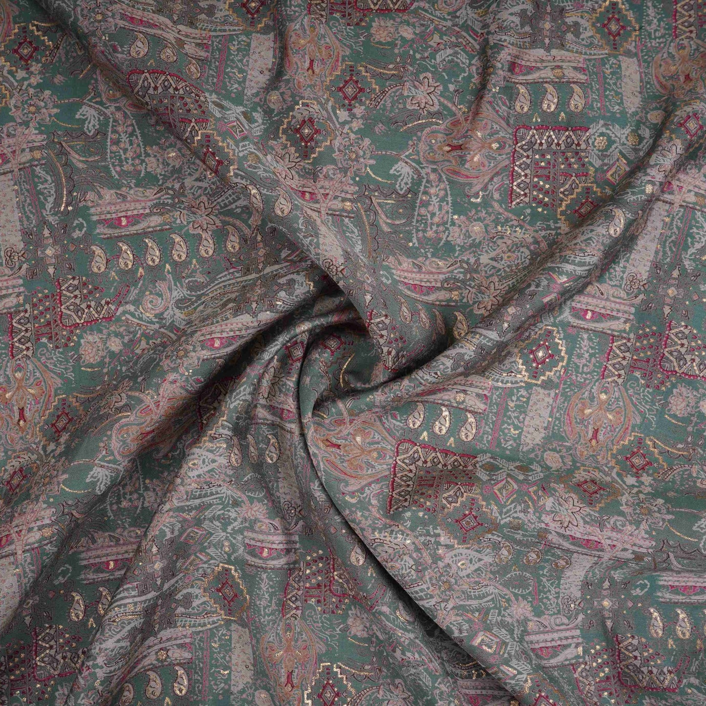 Teal Green Foil Traditional print Eri Cotton Fabric MTFG-31077