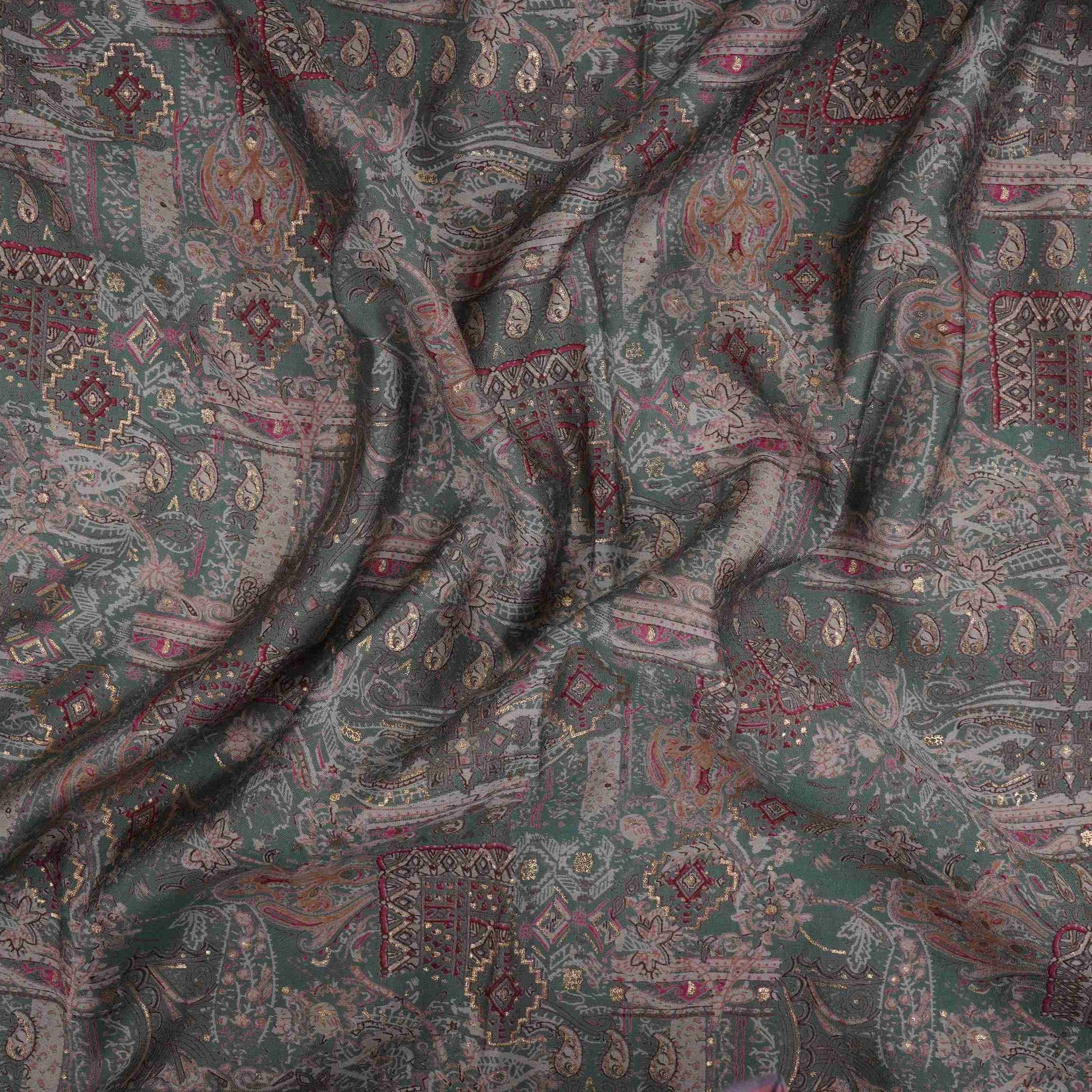 Teal Green Foil Traditional print Eri Cotton Fabric MTFG-31077 - TradeUNO