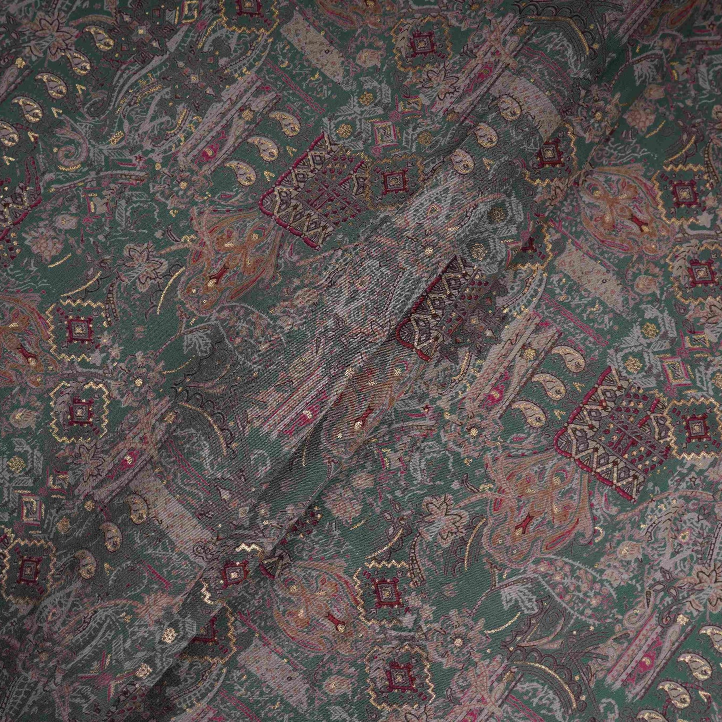 Teal Green Foil Traditional print Eri Cotton Fabric MTFG-31077