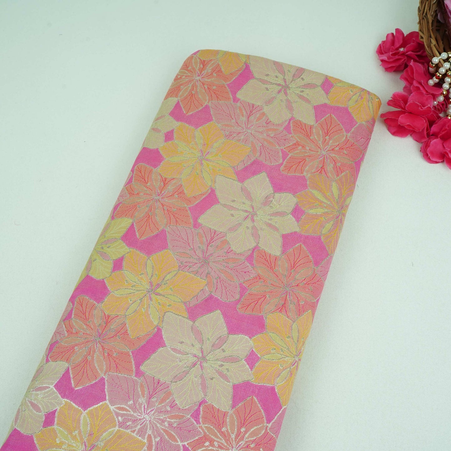 Hot Pink with Multi Rangkaat Weave Brocade Fabric HMSS-32722
