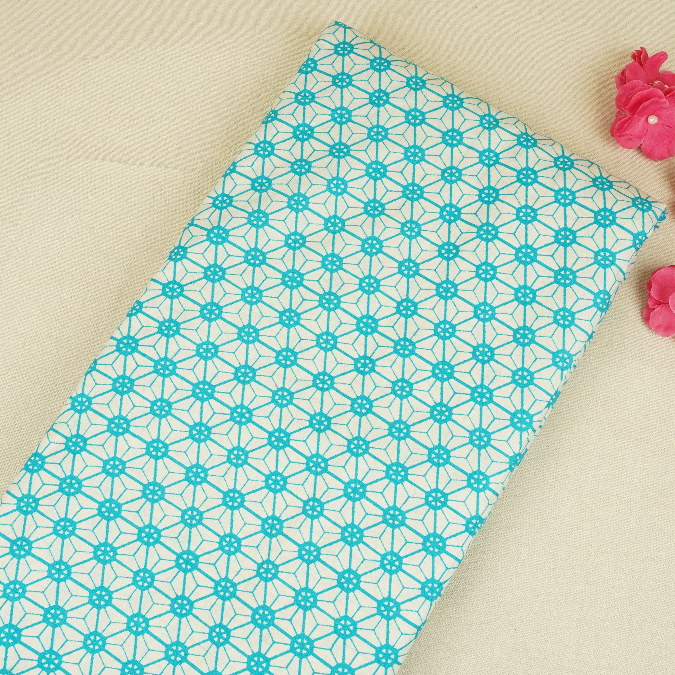 Aqua Blue Geomatrical Print Cotton Fabric MT-29484 - TradeUNO