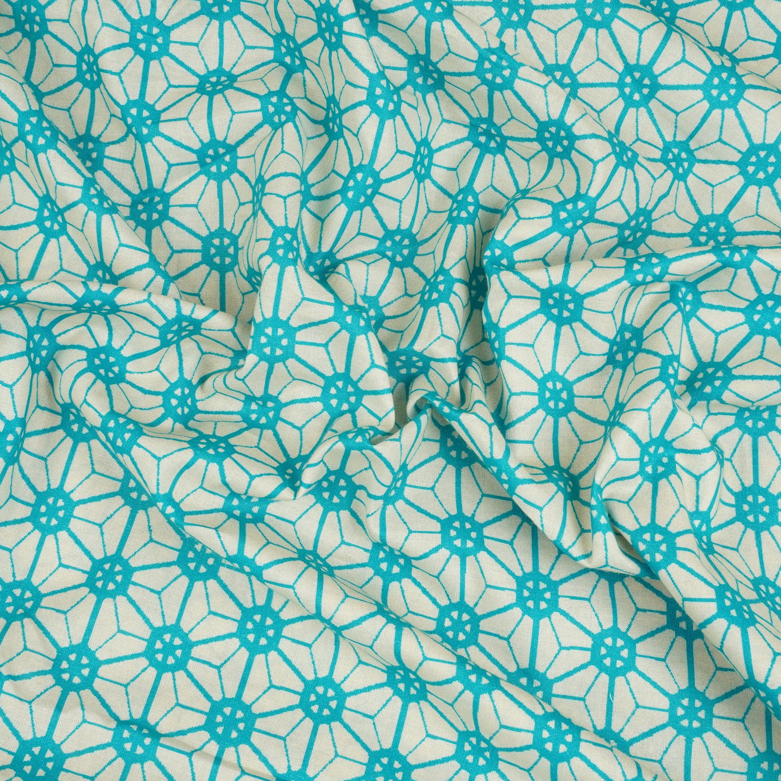 Aqua Blue Geomatrical Print Cotton Fabric MT-29484 - TradeUNO