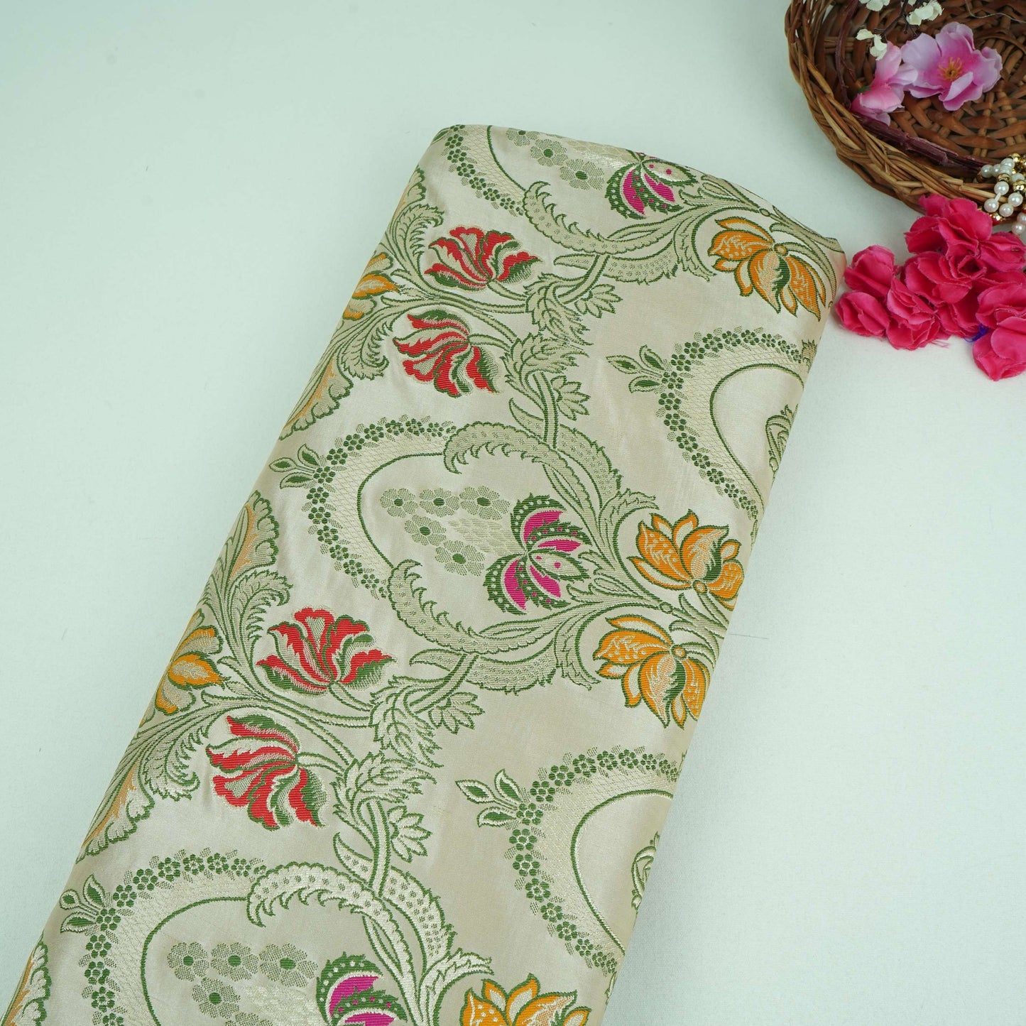 Cream Kimkhab Brocade Fabric HMSS-32789