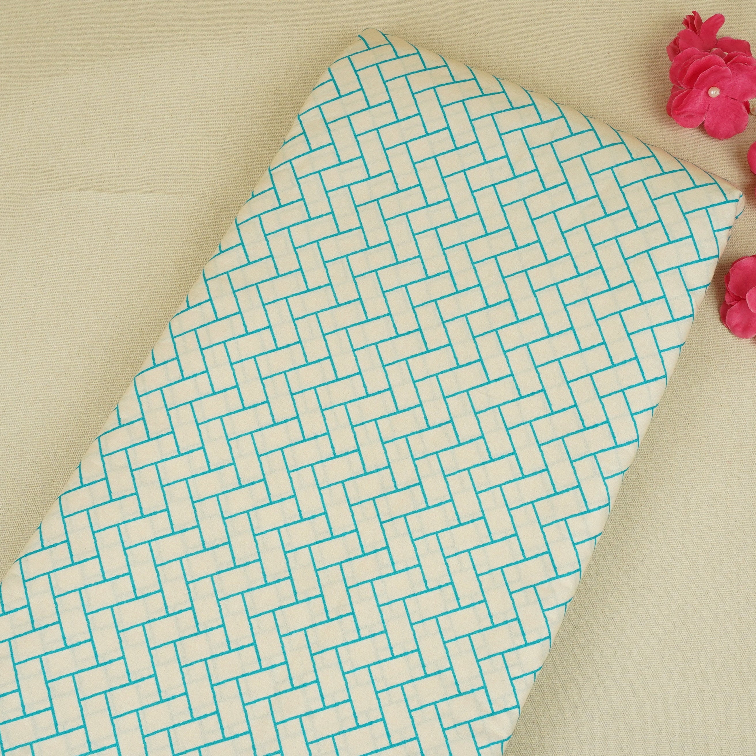 Aqua Blue Geomatrical Print Cotton Fabric MT-29478 - TradeUNO