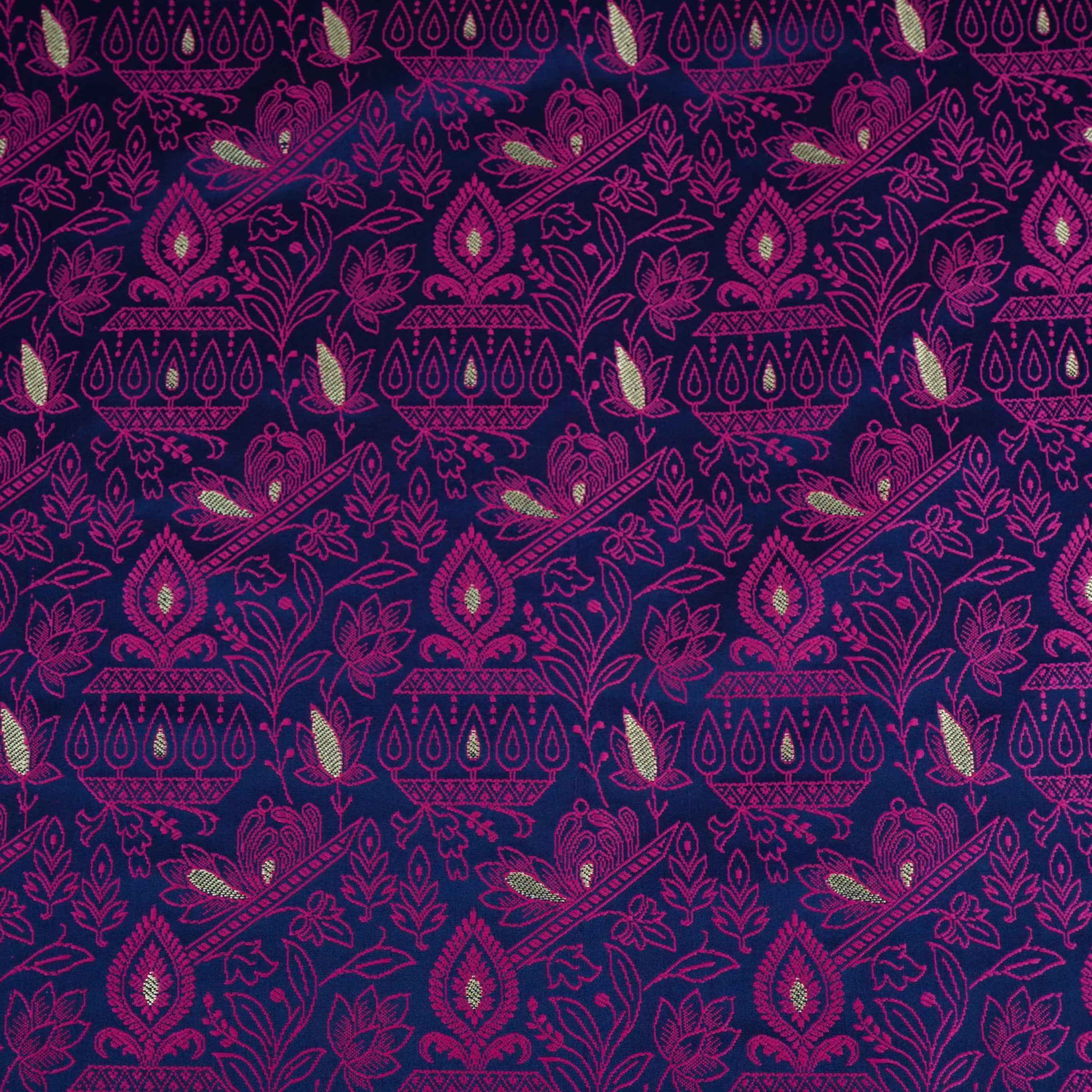 Navy Blue Zari Booti Tanchoi Silk Fabric HMSS-32755