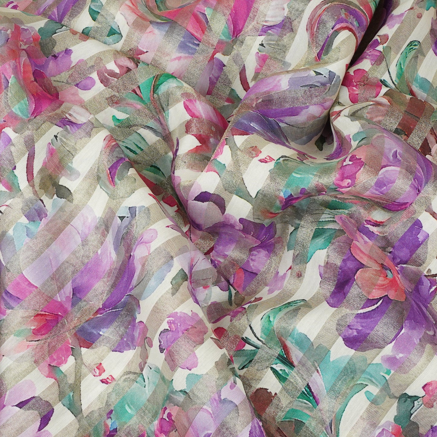 Off White with Multicolor Floral Print Tissue Chanderi Fabric MT-29487